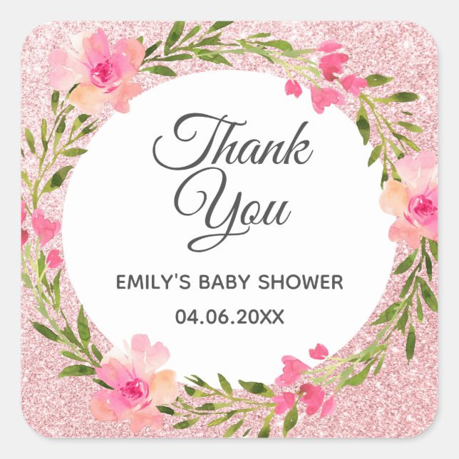 Sticker Carré Baby shower de Merci rose de  rose or (Devant)