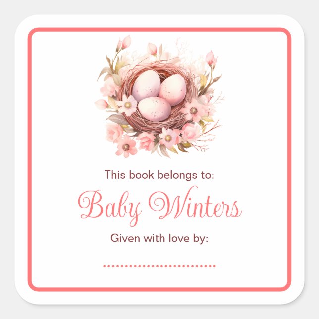 Sticker Carré Baby shower de nids d'oiseaux de printemps (Devant)