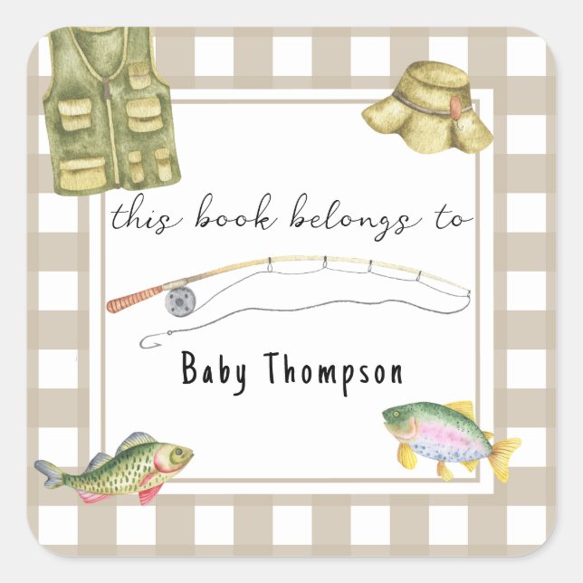 Sticker Carré Baby shower de pêche - ce livre appartient à (Devant)