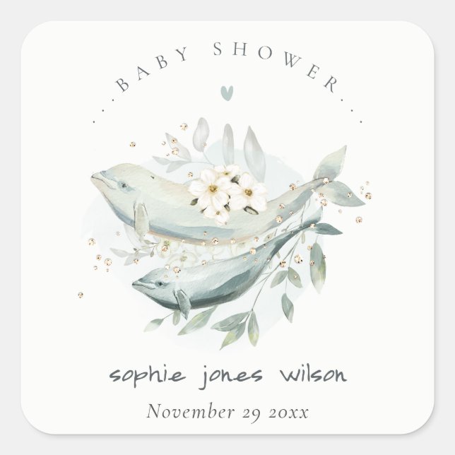 Sticker Carré Baby shower de poisson de baleine turquoise d'or s (Devant)