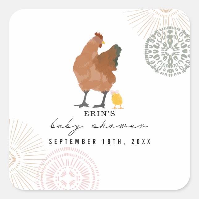 Sticker Carré Baby shower de poulet Bow rose (Devant)