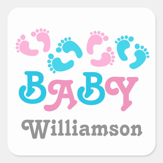 Sticker Carré Baby shower de révélation de genre Pieds bébé A05A (Devant)