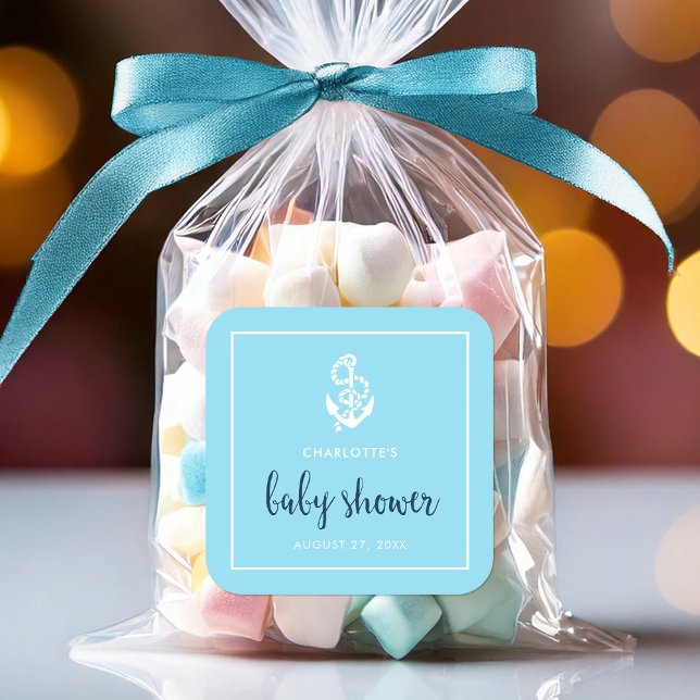 Sticker Carré Baby shower de script bleu Ancre (Créateur téléchargé)