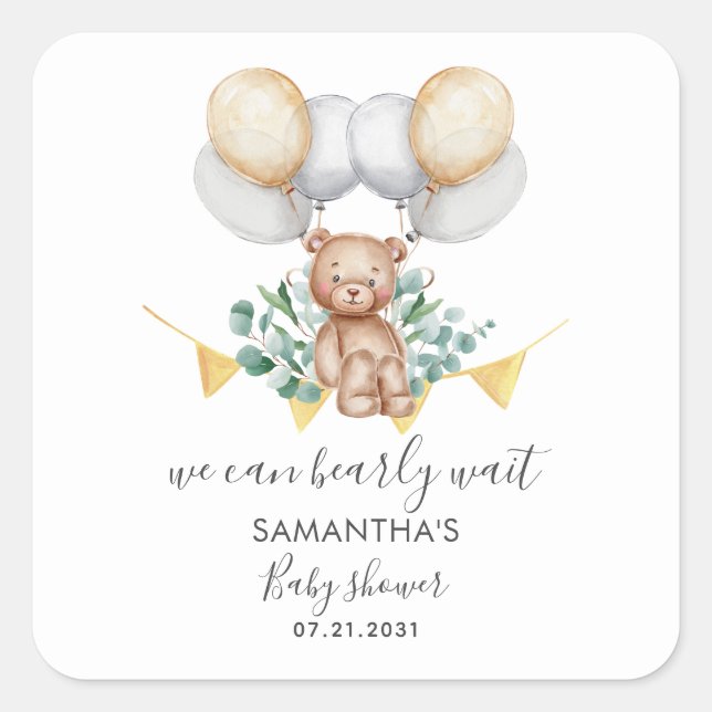 Sticker Carré Baby shower de script Eucalyptus de l'ours (Devant)
