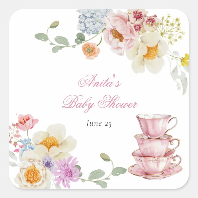 Sticker Carré Baby shower de thé fleur sauvage (Devant)