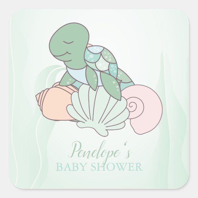Sticker Carré Baby shower de tortue de mer douce (Devant)