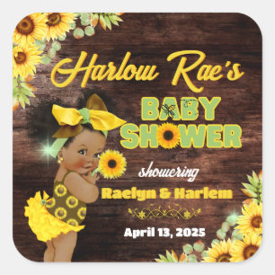 Sticker Carré Baby shower de tournesol jaune rustique bébé