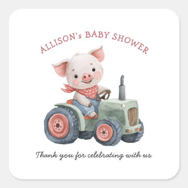 Sticker Carré Baby shower de tracteur de porc pour animaux de fe (Devant)