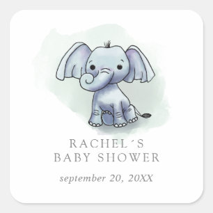 Sticker Carré Baby shower d'éléphant à l'aquarelle mignonne en f
