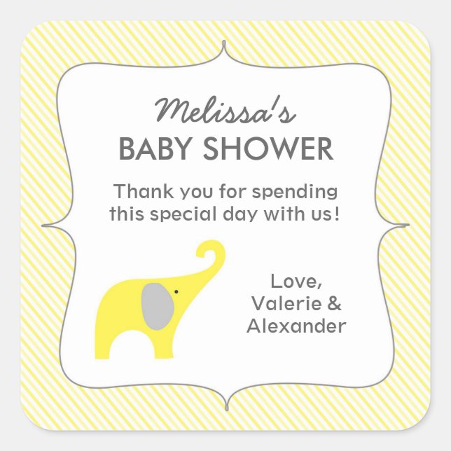 Sticker Carré Baby shower d'éléphant jaune grâce merci (Devant)