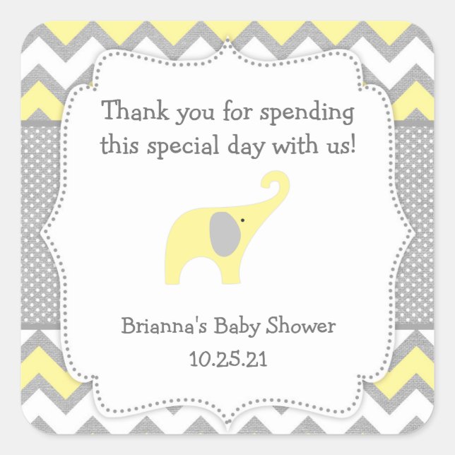 Sticker Carré Baby shower d'éléphant jaune rustique favoriser au (Devant)