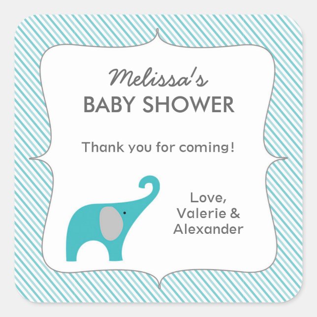 Sticker Carré Baby shower d'éléphant turquoise merci (Devant)