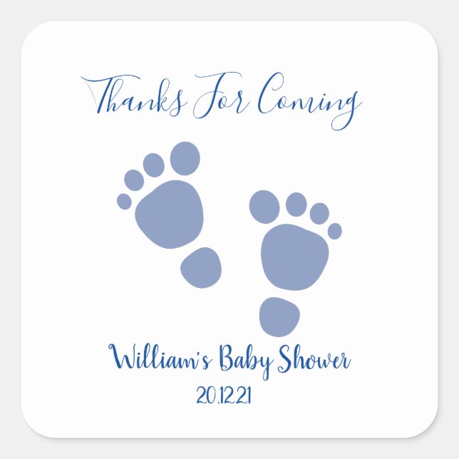 Sticker Carré Baby shower d'empreinte bleu bébé garçon (Devant)
