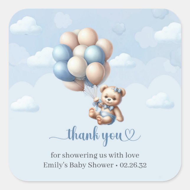 Sticker Carré Baby shower des ballons d'ivoire bleu de l'ours d' (Devant)