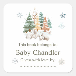 Sticker Carré Baby shower des lapins d'hiver