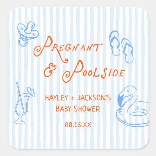 Sticker Carré Baby Shower d'été enceinte au bord de la piscine