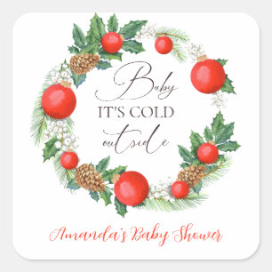 Sticker Carré Baby shower d'hiver de la couronne de Noël à l'ext