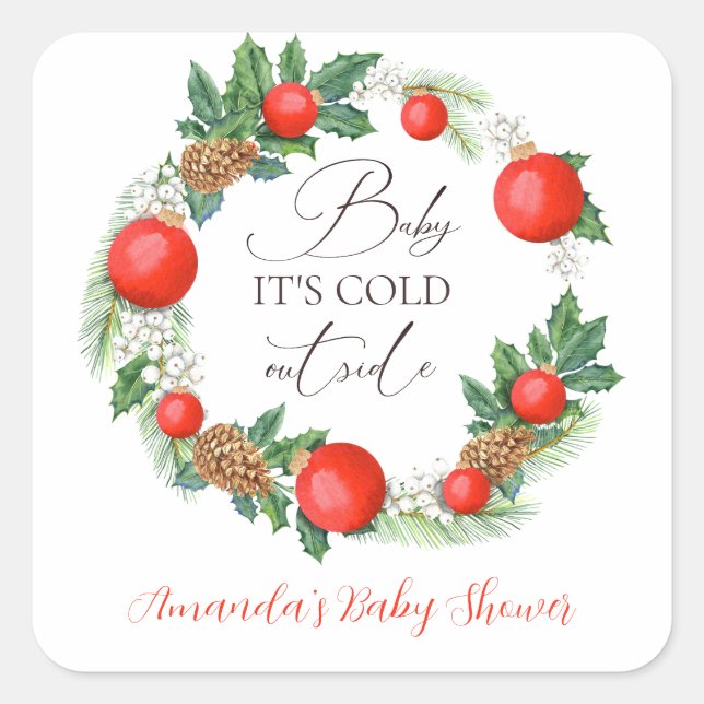 Sticker Carré Baby shower d'hiver de la couronne de Noël à l'ext (Devant)