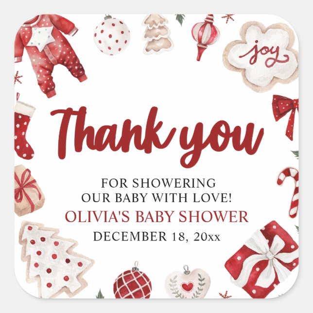 Sticker Carré Baby shower d'hiver de Noël rouge pâle (Devant)