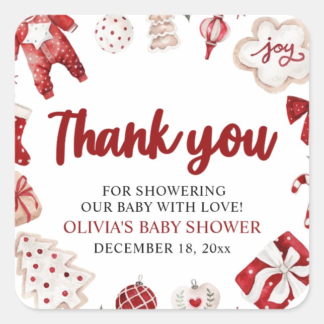 Sticker Carré Baby shower d'hiver de Noël rouge pâle (Devant)