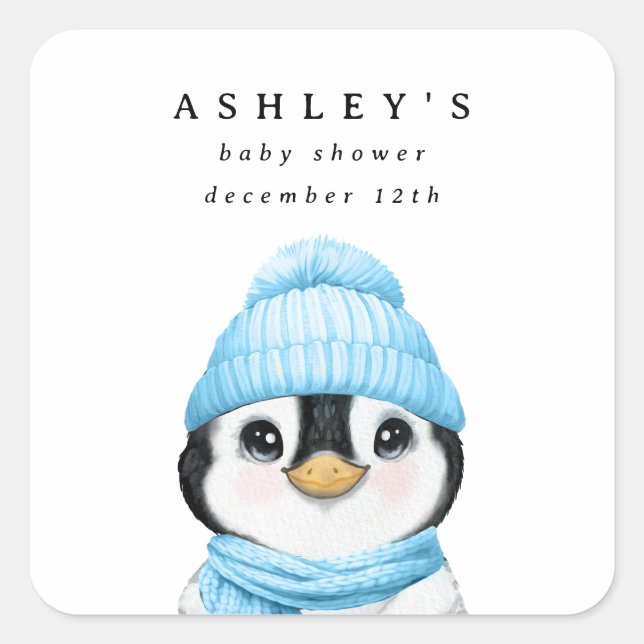 Sticker Carré Baby shower d'hiver du pingouin bleu (Devant)