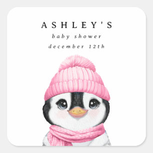 Sticker Carré Baby shower d'hiver Pingouin Rose
