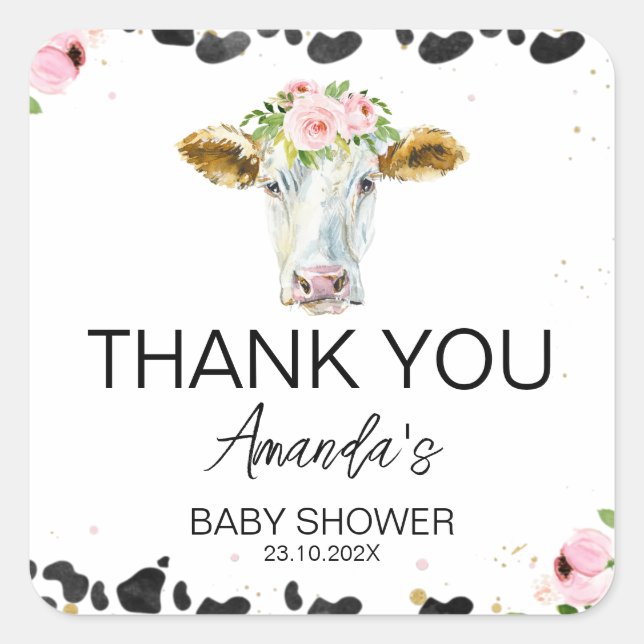 Sticker Carré Baby shower d'impression de vache noire rose (Devant)