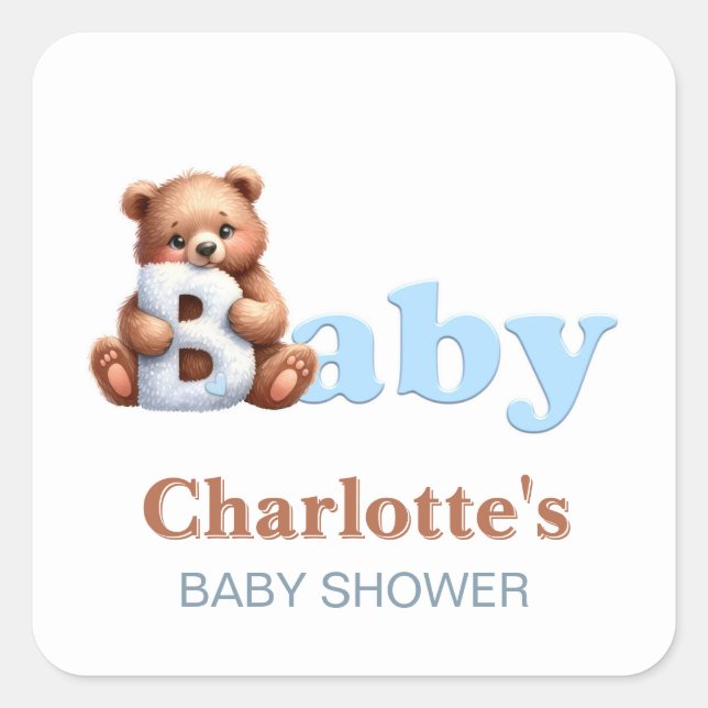 Sticker Carré Baby shower d'ours bleu Teddy (Devant)