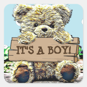 Sticker Carré Baby shower d'ours de nounours son un garçon
