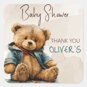 Sticker Carré Baby shower d'ours en peluche à l'aquarelle brun d