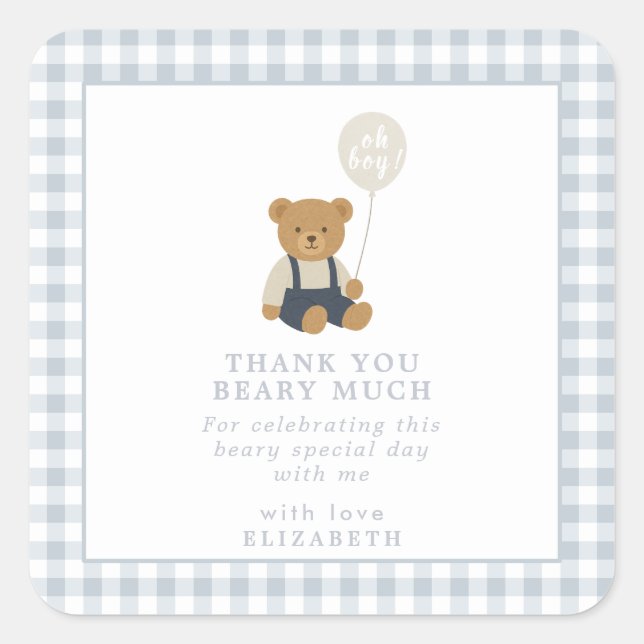 Sticker Carré Baby shower d'ours en peluche bleu clair En vichy (Devant)