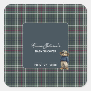 Sticker Carré Baby shower d'ours rustique Tartan