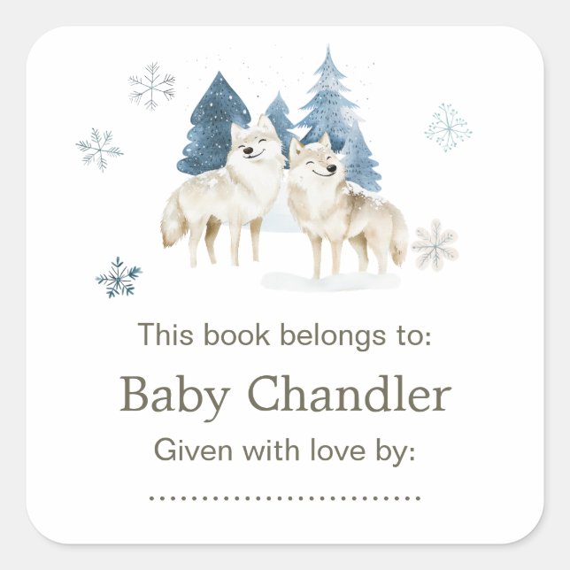 Sticker Carré Baby shower du loup arctique d'hiver (Devant)