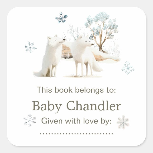 Sticker Carré Baby shower du loup arctique d'hiver (Devant)