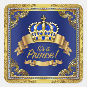 Sticker Carré Baby Shower du Petit Prince en Bleu Royal et Or