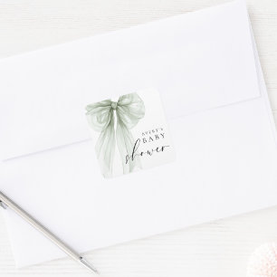 Sticker Carré Baby Shower Élégant Ruban Vert Sauge Blanc