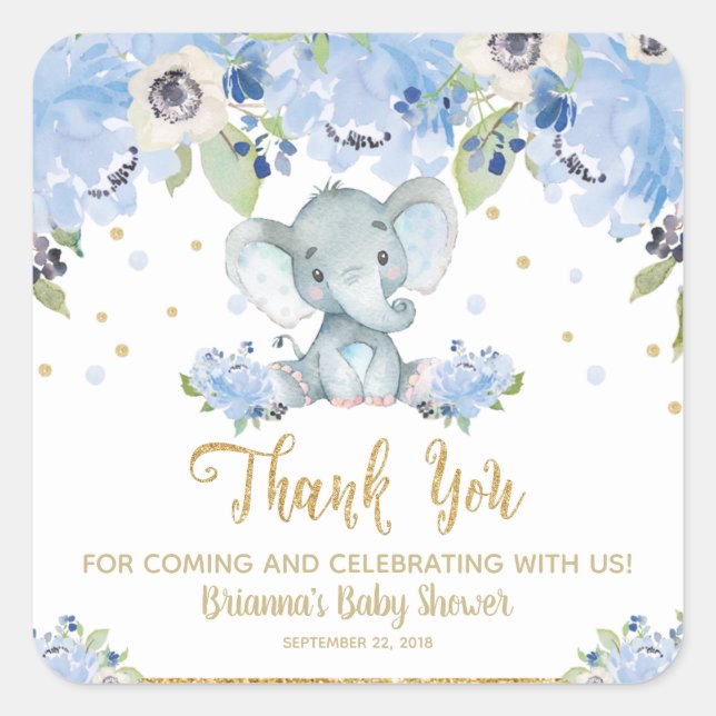 Sticker Carré Baby shower éléphant bleu Merci floral Favor (Devant)