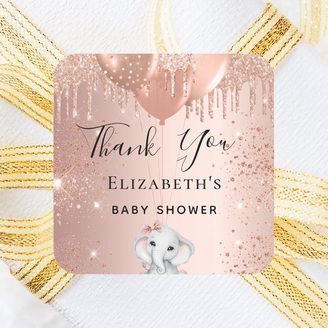 Sticker Carré Baby shower éléphant rose parties scintillant en o (Créateur téléchargé)