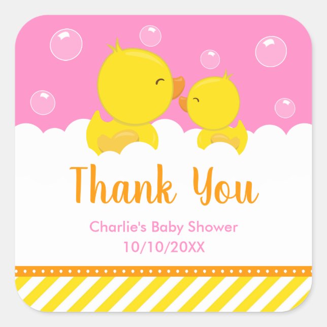 Sticker Carré Baby shower en caoutchouc Ducky Merci rose jaune (Devant)