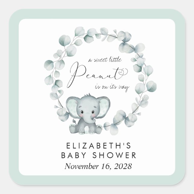 Sticker Carré Baby shower Eucalyptus Eléphant mignon (Devant)
