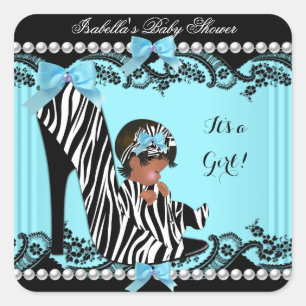 Sticker Carré Baby Shower Fille Afro-Américaine Zèbre Sarcelle