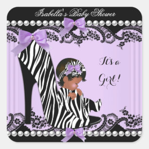 Sticker Carré Baby Shower Fille Afro-Américaine Zèbre Violet