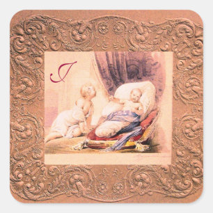 Sticker Carré Baby shower FILLE ANTIQUE ROSE MONOGRAMME FLORAL