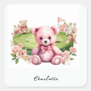 Sticker Carré Baby Shower Fille de golf avec ours en peluche ros