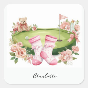 Sticker Carré Baby shower fille de golf avec ours en peluche ros