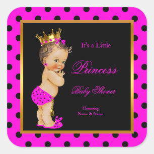 Sticker Carré Baby Shower Fille Princesse Rose Chaud Noir Brunet