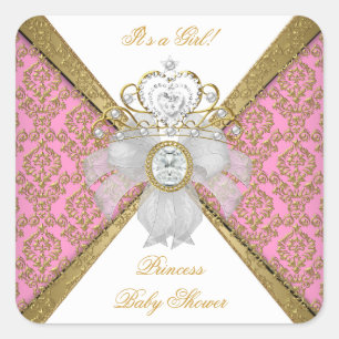 Sticker Carré Baby shower fille rose blanche princesse Damas