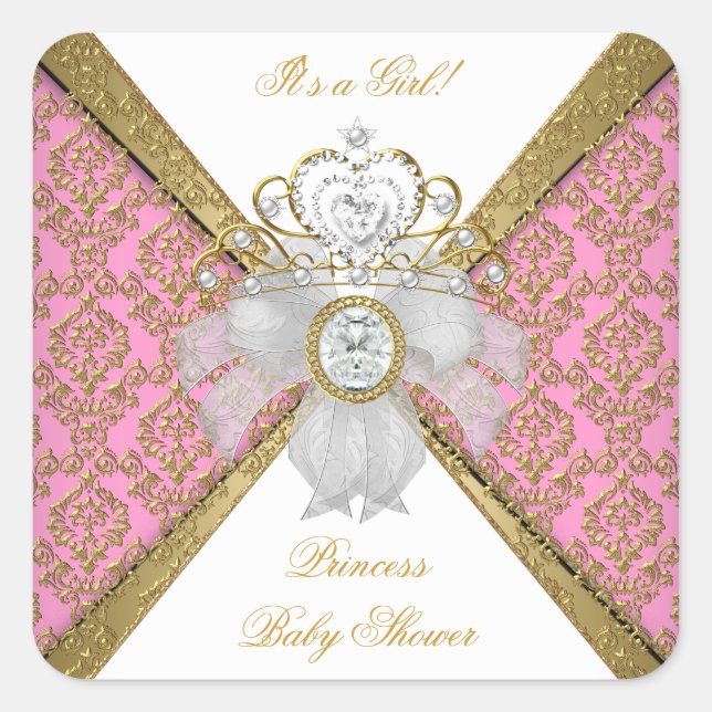 Sticker Carré Baby shower fille rose blanche princesse Damas (Devant)