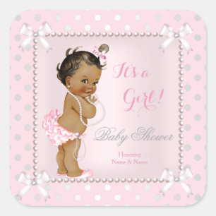 Sticker Carré Baby Shower Fille Rose Gris Perle Ethnique