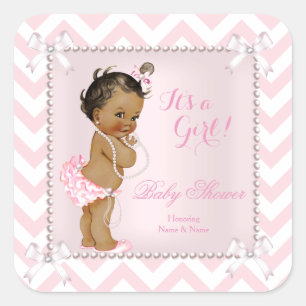 Sticker Carré Baby shower fille rose perle blanc Chevron Ethniqu